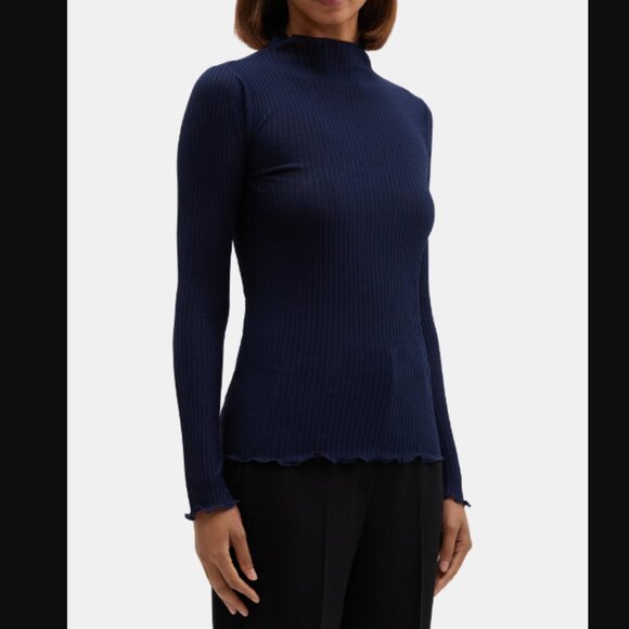 NEW THEORY Funnel Neck Tee Silk-Cotton Women TOP Long Sleeve Blouse MEDIUM - Picture 3 of 4